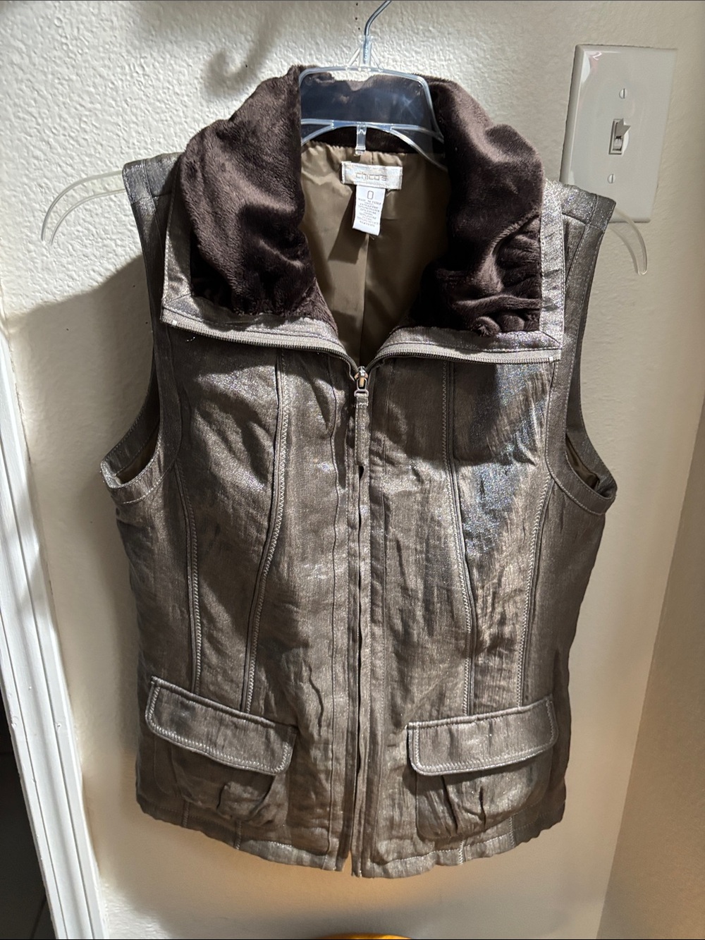 Chico's Metallic Brown Faux-Leather Vest with Plush Collar 0